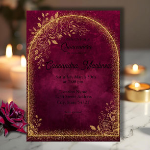 Burgundy & Gold Floral Quinceanera Invitation