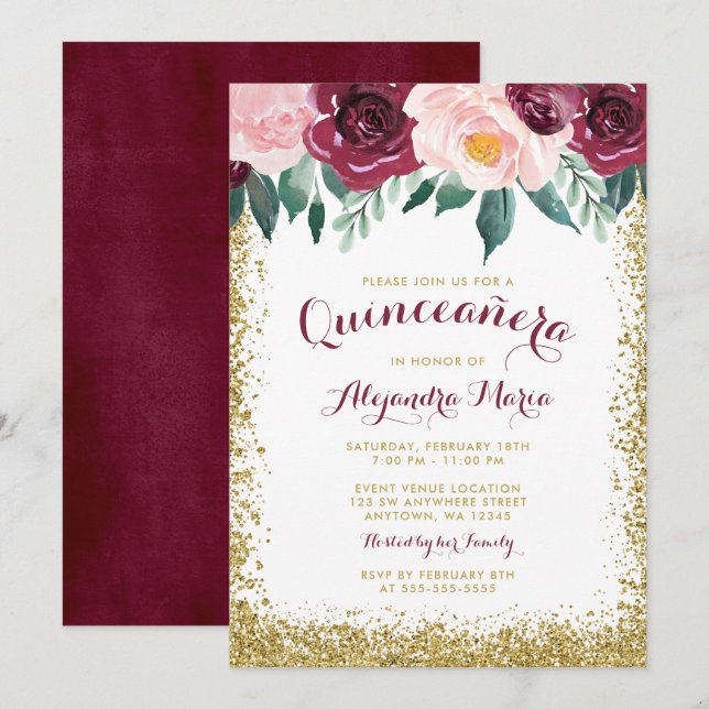 Burgundy Gold Floral Quinceanera Invitations (Front/Back)
