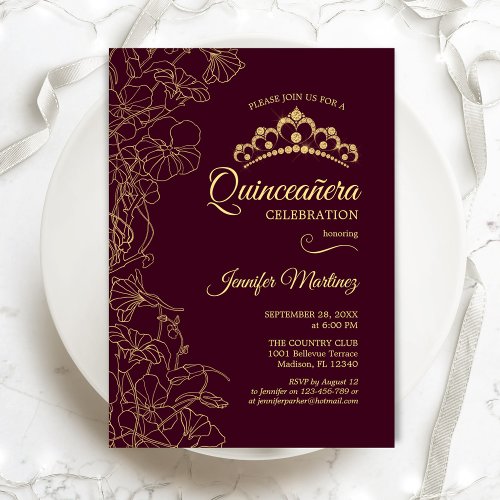 Burgundy Gold Floral Quinceanera Party Invitation