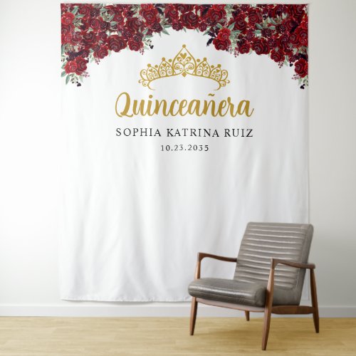 Burgundy Gold Floral Quinceanera Photo Backdrop