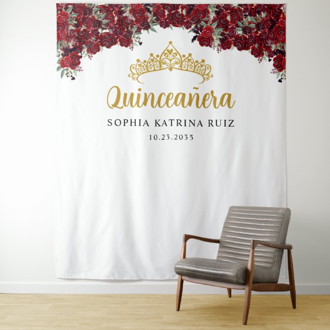 Burgundy Gold Floral Quinceanera Photo Backdrop (In Situ)