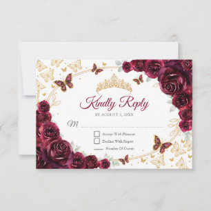 Burgundy Gold Floral Quinceanera Reply RSVP Card
