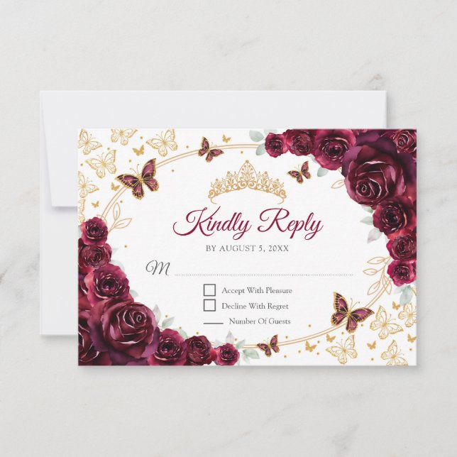 Burgundy Gold Floral Quinceanera Reply RSVP Card (Front)