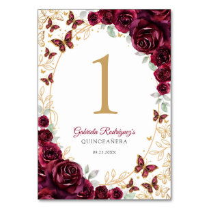 Burgundy Gold Floral Quinceanera Table Number
