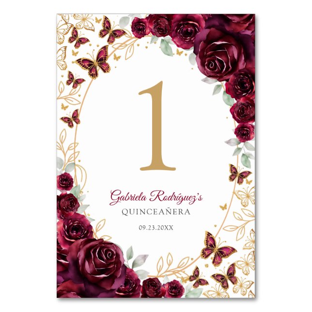 Burgundy Gold Floral Quinceanera Table Number (Front)