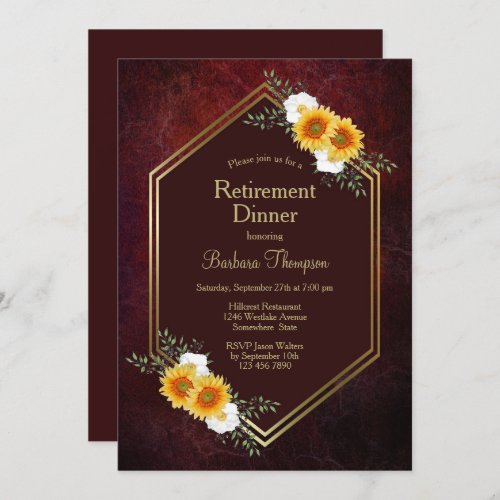 Burgundy Gold Floral Retirement Dinner Party Invitation