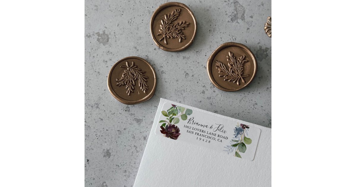 Burgundy Gold Floral Return Address Label | Zazzle