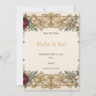 Burgundy Gold Floral Save the Date Card