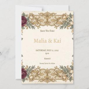 Burgundy Gold Floral Save the Date Magnet
