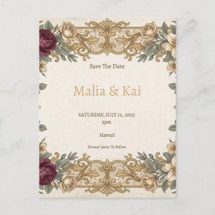 Burgundy Gold Floral Save the Date Postcard