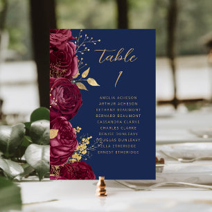 Burgundy Gold Floral Script Navy Blue Wedding Table Number