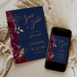 Burgundy Gold Floral Script Navy Save the Date Announcement