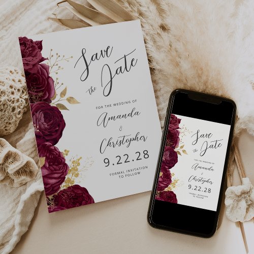 Burgundy Gold Floral Script Save the Date Announcement