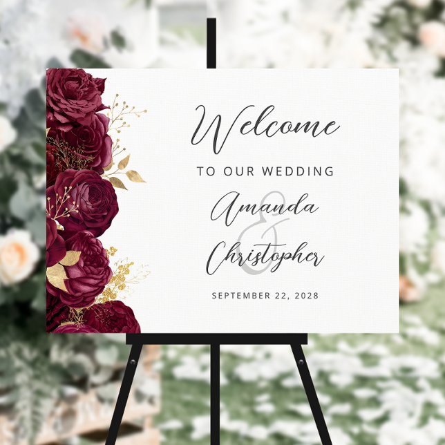 Burgundy Gold Floral Script Wedding Welcome Foam Board (Creator Uploaded)