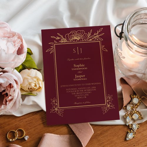 Burgundy Gold Floral Simple Monogram Wedding Invitation