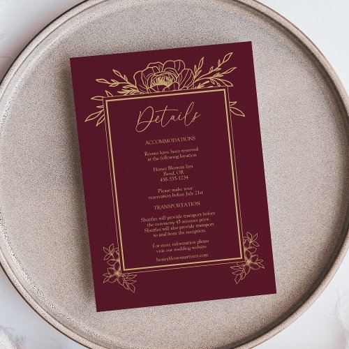 Burgundy Gold Floral Simple Wedding Details Enclosure Card