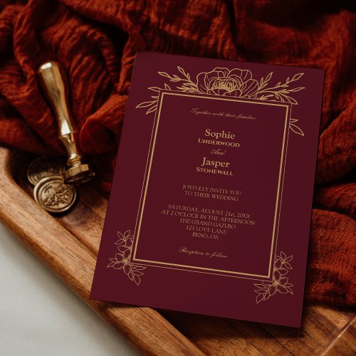 Burgundy Gold Floral Simple Wedding Invitation