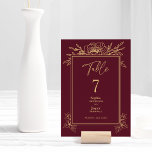 Burgundy Gold Floral Simple Wedding Table Number<br><div class="desc">This burgundy gold floral simple wedding table number features a gorgeous sophisticated dark merlot backdrop with elegant gold calligraphy and gilded floral embellishments. The jewel-tone color story and the golden botanical boho accents together with minimal delicate script create a regal and romantic modern aesthetic that strikes a perfect balance between...</div>