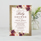 Burgundy Gold floral Sparkle Baby Shower Invitation (Standing Front)