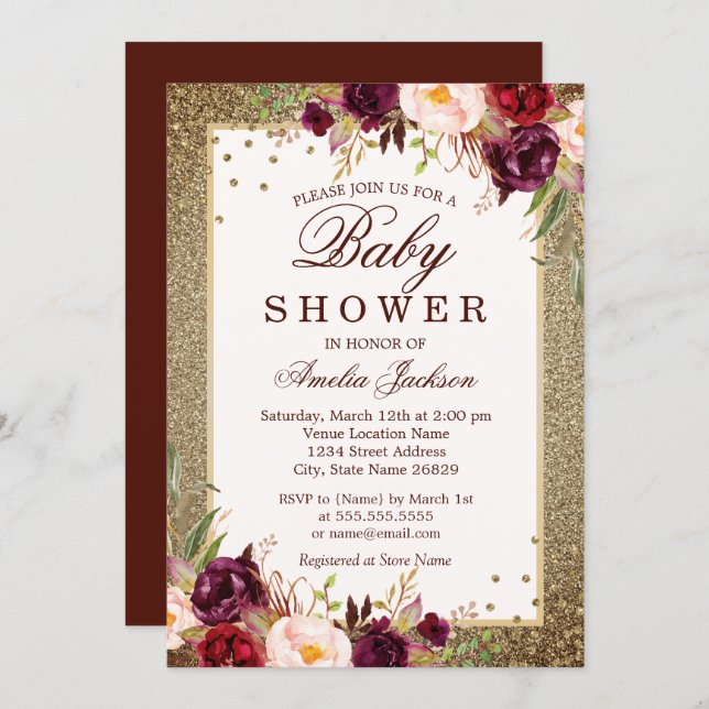 Burgundy Gold floral Sparkle Baby Shower Invitation (Front/Back)