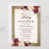 Burgundy Gold floral Sparkle Baby Shower Invitation (Front)