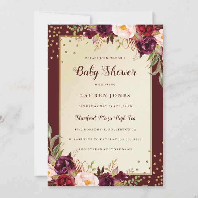 Burgundy Gold Floral Sparkle Baby Shower Invite (Front)