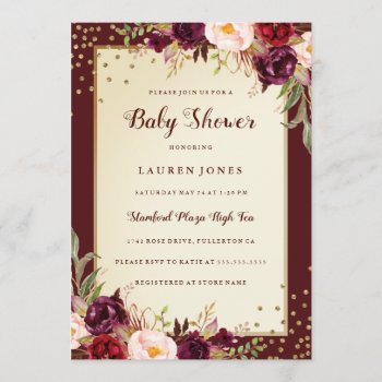 Burgundy Gold Floral Sparkle Baby Shower Invite by LittleBayleigh at Zazzle