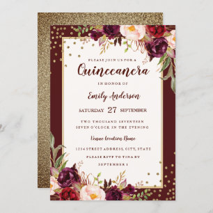 Burgundy Gold floral Sparkle Quinceanera Invite