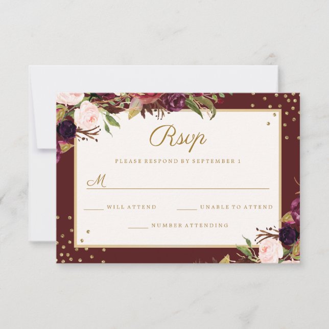 Burgundy Gold floral Sparkle RSVP Card (Front)