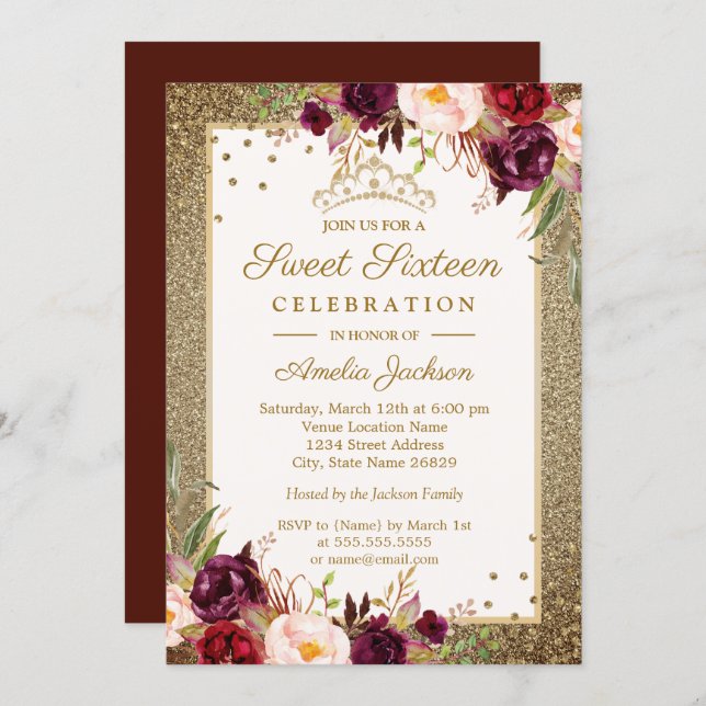 Burgundy Gold floral Sparkle Sweet Sixteen Invitation (Front/Back)