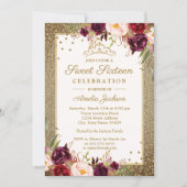 Burgundy Gold floral Sparkle Sweet Sixteen Invitation (Front)
