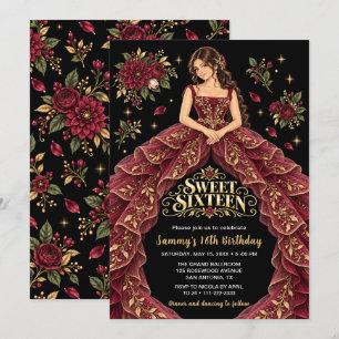 Burgundy Gold Floral Sweet Sixteen Birthday Invitation
