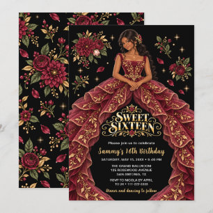 Burgundy Gold Floral Sweet Sixteen Birthday Invitation