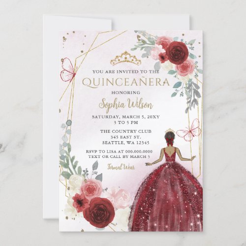 Burgundy Gold Floral Tan Princess Quinceaera  Invitation