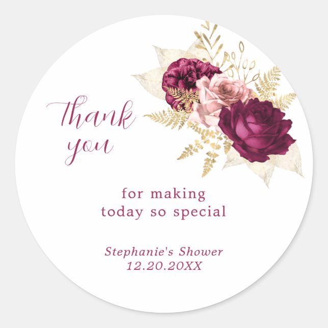 Burgundy Gold Floral Thank You Favor  Classic Round Sticker (Front)