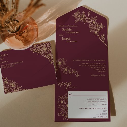 Burgundy Gold Floral Wedding All In One Invitation