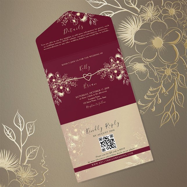 Burgundy Gold Floral Wedding  All In One Invitation (Creator Uploaded)