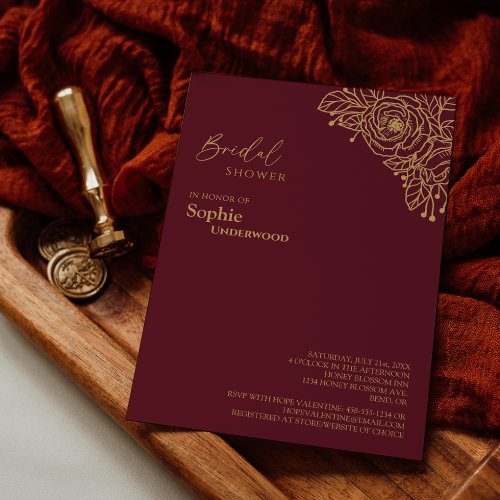 Burgundy Gold Floral Wedding Bridal Shower Invitation