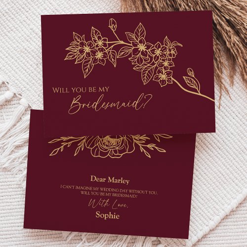 Burgundy Gold Floral Wedding Bridesmaid Proposal Invitation