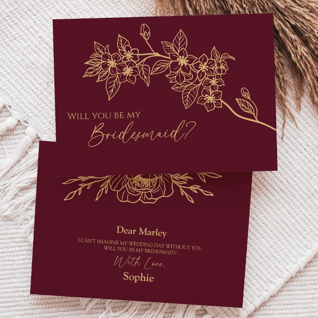Burgundy Gold Floral Wedding Bridesmaid Proposal Invitation (Creator Uploaded)
