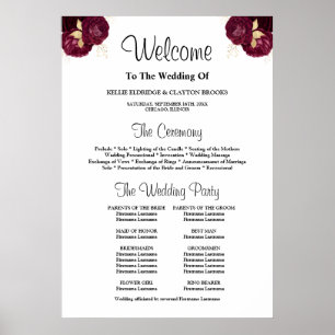 Burgundy/Gold Floral Wedding Ceremony Program Sign