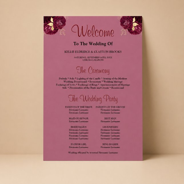 Burgundy/Gold Floral Wedding Ceremony Program Sign (Creator Uploaded)