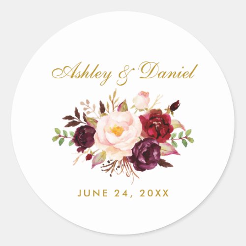 Burgundy Gold Floral Wedding Classic Round Sticker