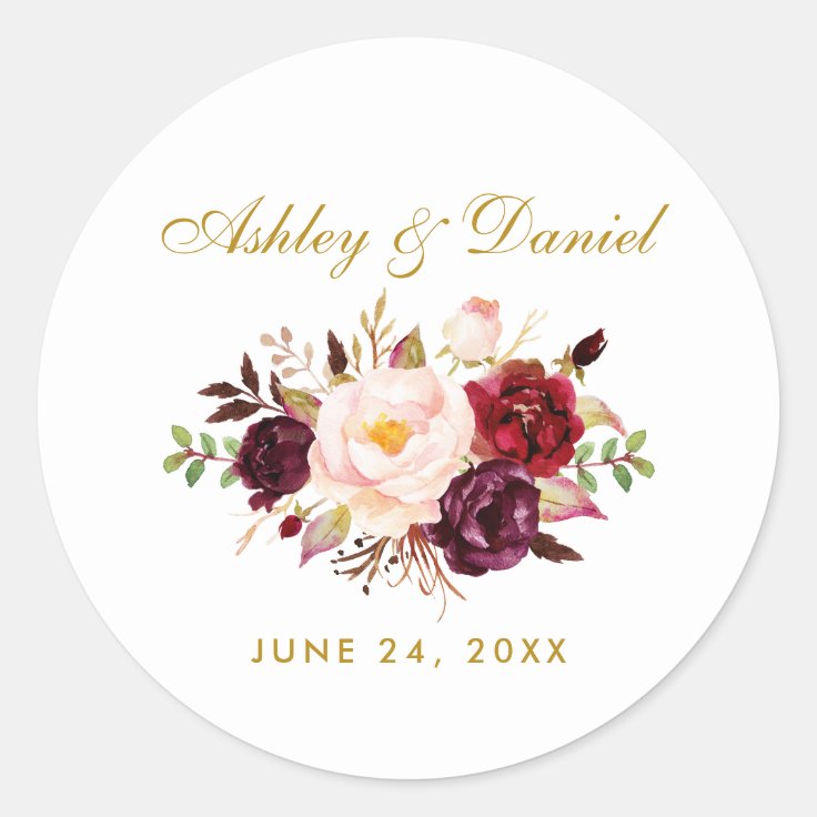 Burgundy Gold Floral Wedding Classic Round Sticker | Zazzle