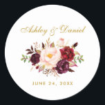 Burgundy Gold Floral Wedding Classic Round Sticker<br><div class="desc">Burgundy Gold Floral Watercolor Wedding Stickers</div>