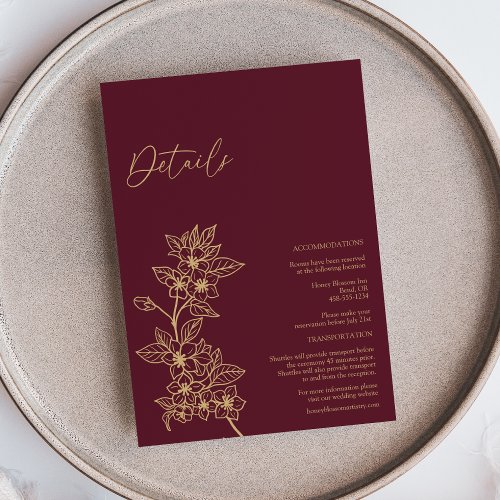 Burgundy Gold Floral Wedding Details Enclosure Card