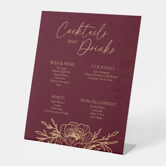 Burgundy Gold Floral Wedding Drinks Bar Sign (Front)