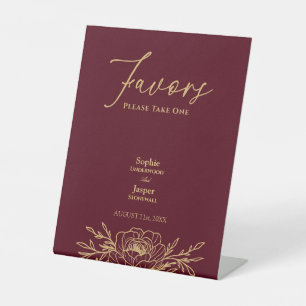 Burgundy Gold Floral Wedding Favors Pedestal Sign