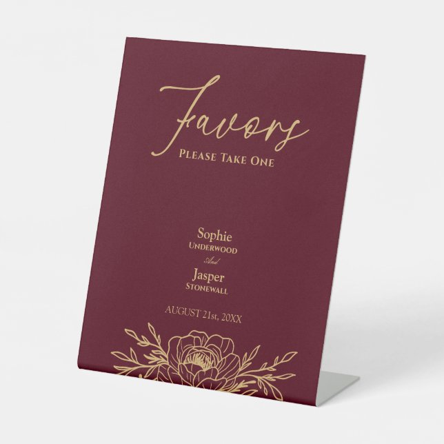 Burgundy Gold Floral Wedding Favors Pedestal Sign (Front)