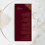 Burgundy Gold Floral Wedding Flat Menu<br><div class="desc">This burgundy gold floral wedding flat menu features a gorgeous sophisticated dark merlot backdrop with elegant gold calligraphy and gilded floral embellishments. The jewel-tone color story and the golden botanical boho accents together with minimal delicate script create a regal and romantic modern aesthetic that strikes a perfect balance between classic...</div>